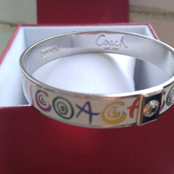 Coach vintage stamped fun multicolor enamel silver thick bangle bracelet & box - Picture 14 of 15